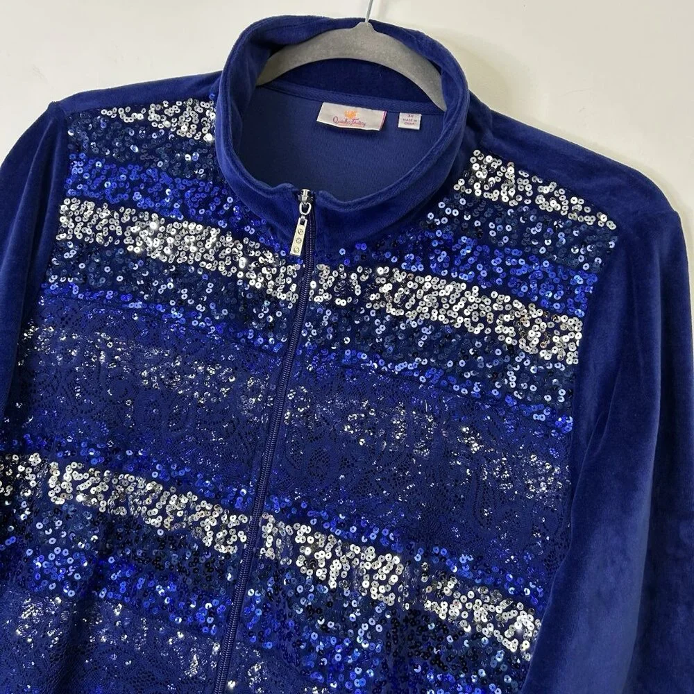 Quacker Factory Velour Zip Jacket Women’s Size 3X‎ Blue Sequin